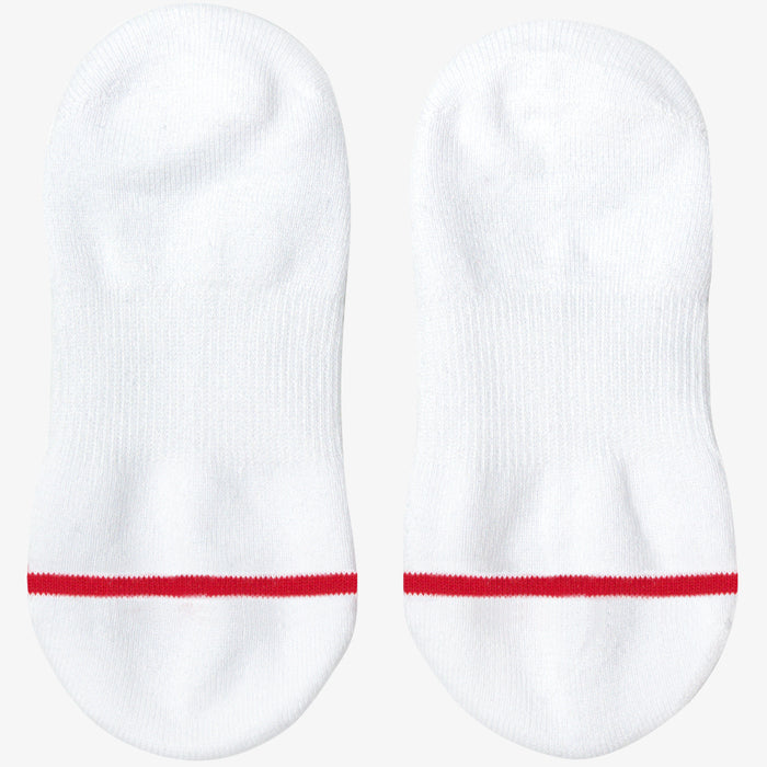 White no show , non slip socks with y stitched heel and silicone grips to prevent slipping .