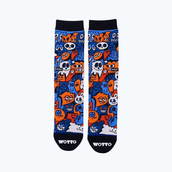 Front View of PYVOT Socks Everyone Everywhere Always. Made with combed cotton, anti-microbial yarns, Stitched heel,  and Seamless toe line. Cool cartoon and halloween socks for men and women