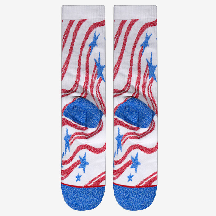 American flag socks with blue heather heel and toe. Stylish and wearable stars and stripes.