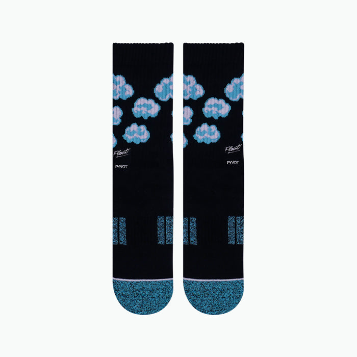Front face of cloud socks showing their green and black color pop. These cloud socks are made with microbial,  and breathable moisture wicking yarns for the ultimate comfort that will have you feel like your walking on clouds.