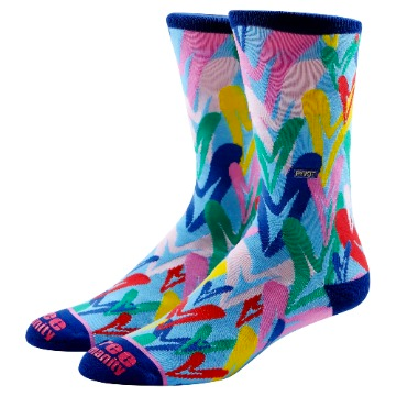 PYVOT socks All Heart Connected socks by artist free humanity. Premium cotton colorful blue heart socks with arch support. Perfect socks for love, valentines day, anniversary or any occasion to show some love.  Heart patterned socks showcasing pink, red, green, blue hearts.