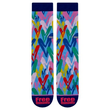 PYVOT socks All Heart Connected knitted heart pattern socks. Made by Free Humanity a new york based artist.  Made with soft combed cotton and anti-microbial yarns  for maximum comfort.
