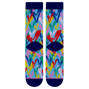 PYVOT All hearts Connected socks backside view combed cotton heart pattern. Blue based heart socks