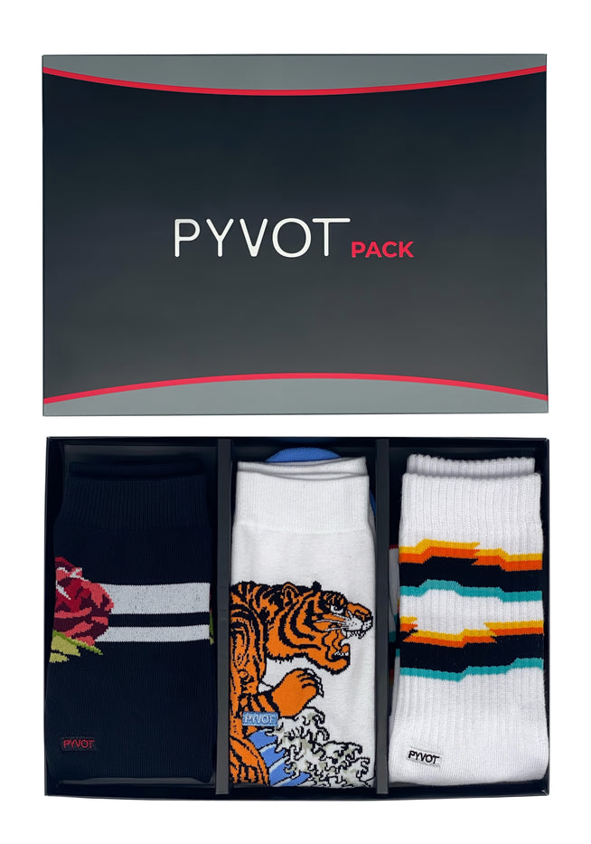 High quality mixed sock pack. cotton based socks with tiger , rose, and glitch design.