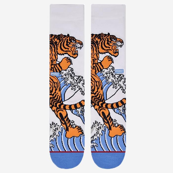 PYVOT essential tiger pattern with premium 200n knit crew sock  with custom orange tiger art embroidery made with top quality ultra soft combed cotton and antimicrobial fibers. This sock is a colorful orange and blue, thin, and soft.