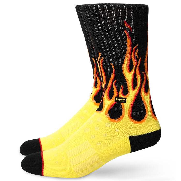Flame socks from PYVOT. Cool black socks with yellow and orange flame designs, with extra arch support, hidden pocket, and compression.
