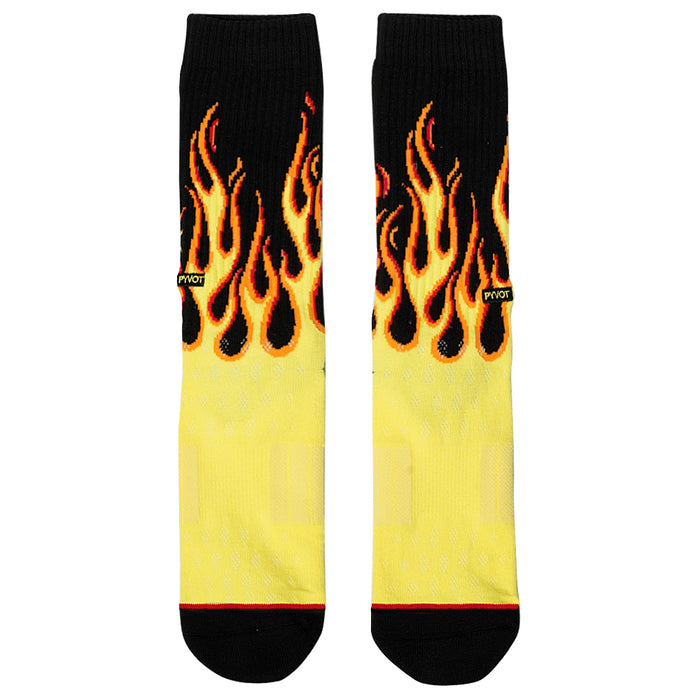 Flame Compression socks with flame design, made with combed cotton and mesh air vents. Hidden pocket and knitplus technology exclusively at PYVOT.