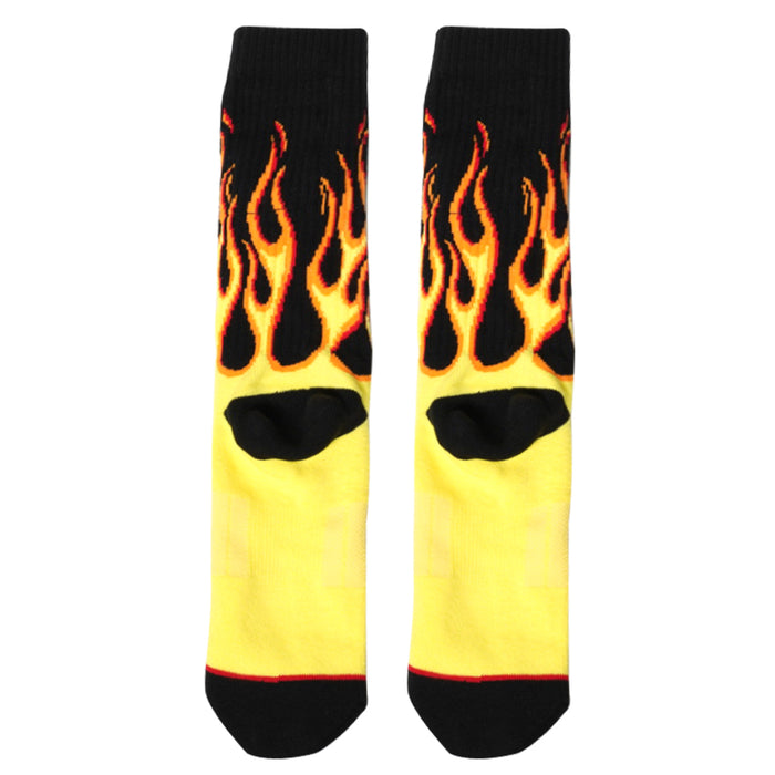 Cotton athletic flame socks with hidden pocket. Compression Black socks with yellow and orange flames from PYVOT.