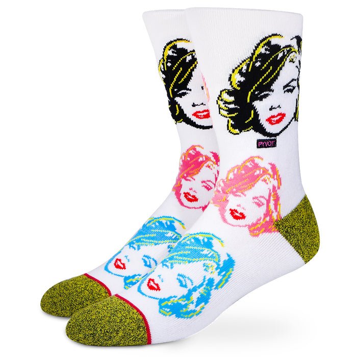 White cotton socks socks featuring colorful pop art style Marilyn Monroe faces, part of the Marilyn Monroe Icon collection by PYVOT