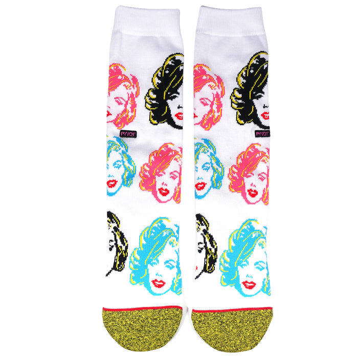 Lay flat White cotton socks socks with colorful pop art style Marilyn Monroe faces, part of the Marilyn Monroe Icon collection by PYVOT