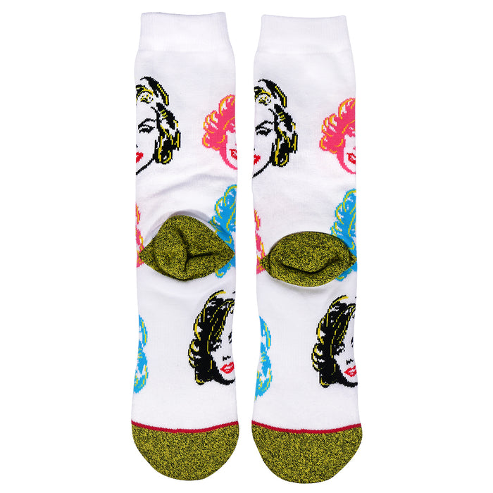 White cotton, with gold and black heel socks featuring colorful pop art style Marilyn Monroe faces, part of the Marilyn Monroe Icon collection by PYVOT