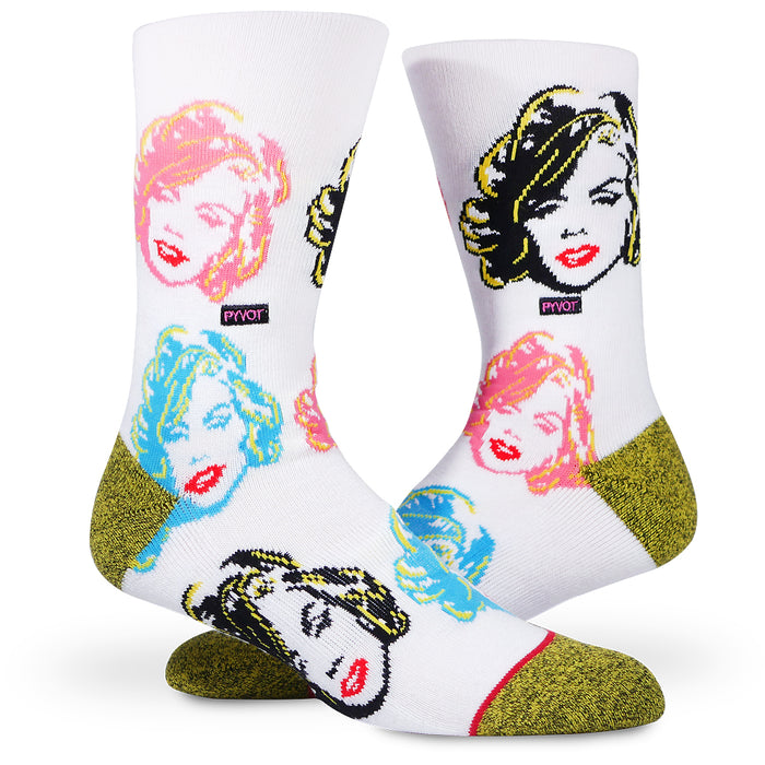 Athletic White cotton socks featuring colorful pop art style Marilyn Monroe faces, a fun and cool sock part of the Marilyn Monroe Icon collection by PYVOT