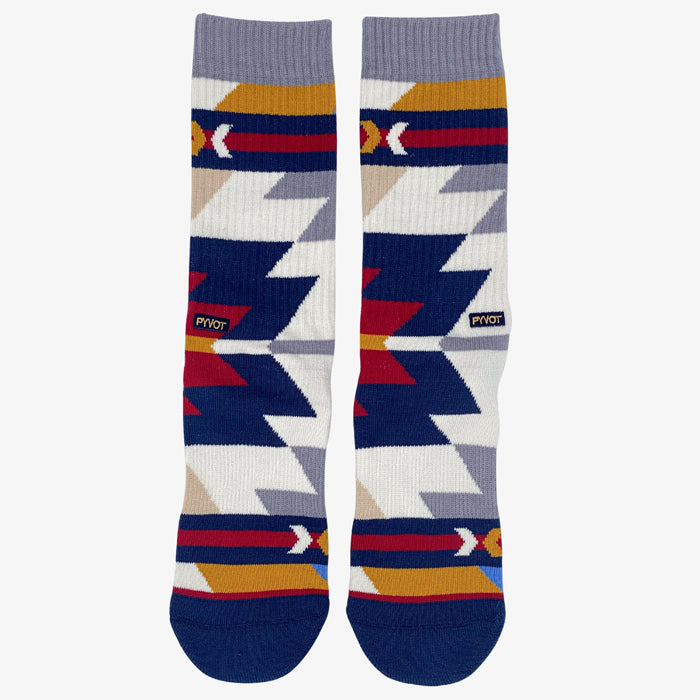 Tribal style sock laying flat with  soft cotton, anti microbial silver and compression. Perfect multicolor indian style socks beige blue and red coloring  for every occasion.