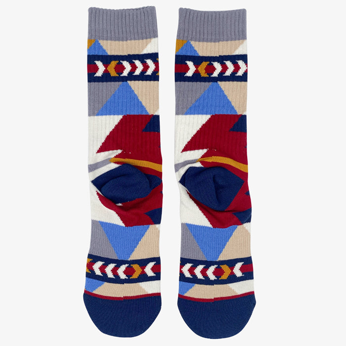 Back side Tribal style sock laying flat with soft cotton, anti microbial silver and compression. Perfect multicolor indian style socks beige grey blue and red coloring for every occasion. socks.