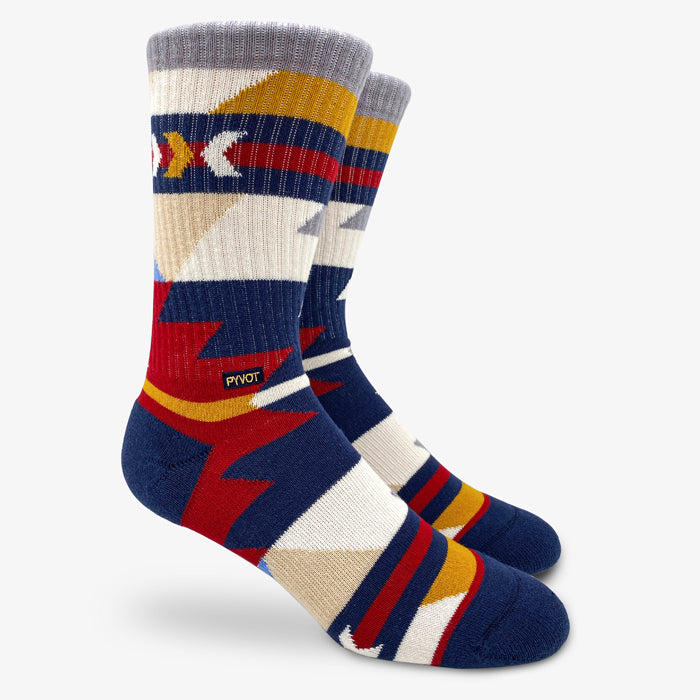 red,beige and blue tribal style socks.