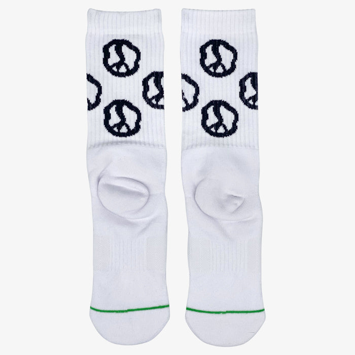 From PYVOT White and Black Still Movin peace sign pattern logo socks.