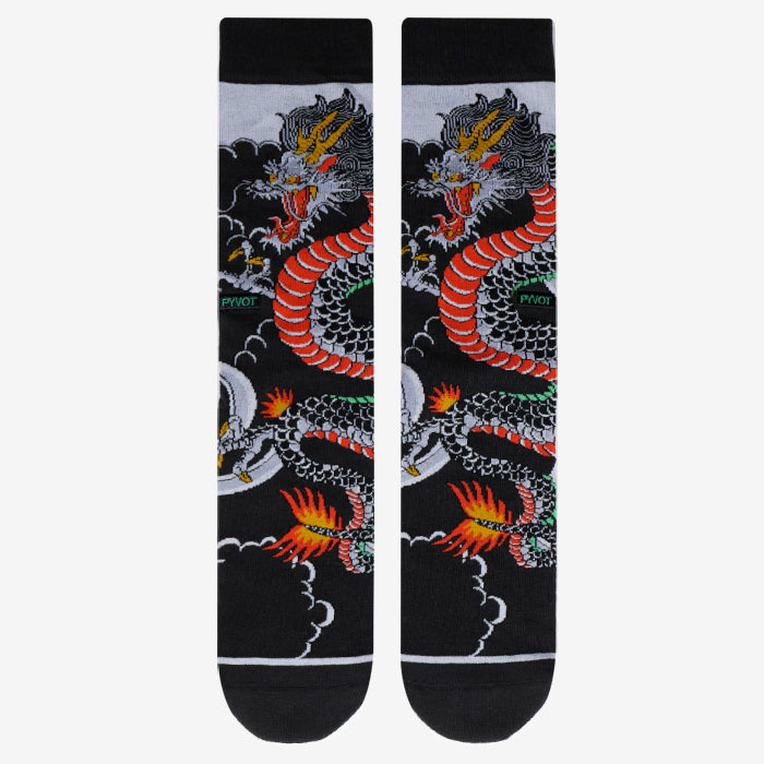 Colorful knitted cotton dragon socks. Perfect cool socks for any game of thrones or house of dragon lover. Fierce dragon floating in the clouds.