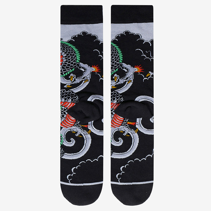 Cool Dragon socks. Red, green, and yellow dragon floating in the sky.