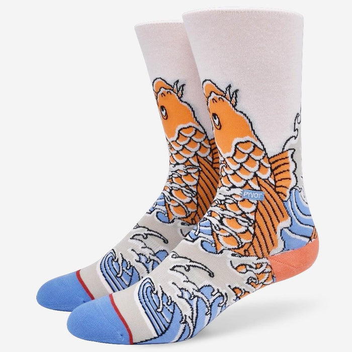cool and fun white crew sock with koi fish includes combed cotton, moisture wicking and arch support