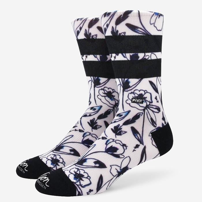 street art inspired cool and fun  white crew sock with floral includes moisture wicking and arch support