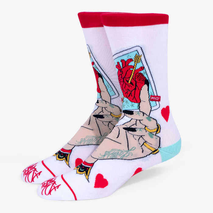Game Of Love heart socks. Premium quality red Heart socks made with cotton. Heart card socks show heart with arrow through them.