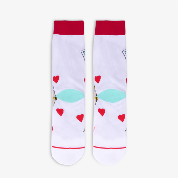 Back side of Heart socks. Green and red heart socks match perfectly for any occasion including valentines day socks, halloween, and any love sock occasion.