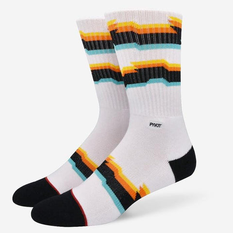 Cool and fun crew socks with Glitch stripe pattern made with combed cotton , moisture wicking and arch support