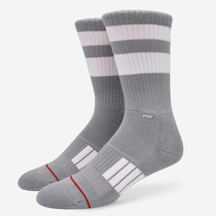 grey , cool and fun thick stripe cotton crew sock with combed cotton, moisture wicking and arch support
