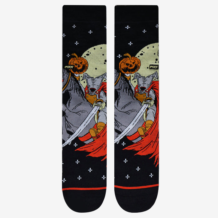Front side of pumpkin and headless horseman socks. Showing halloween baron with red cape and sword. Black halloween and pumpkin socks that are sure to be the softest and spookiest.