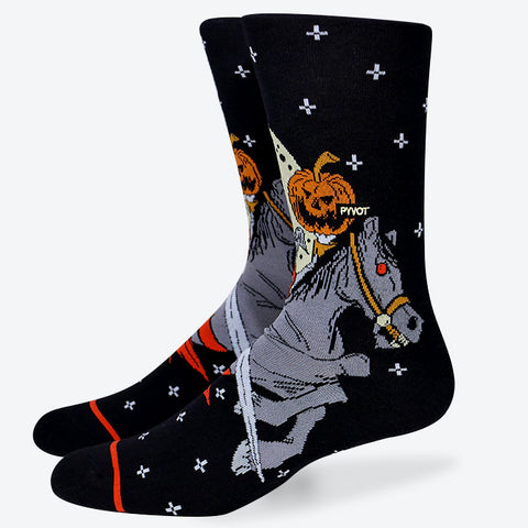 Headless horseman pumpkin socks. These spooky socks are perfect for any halloween or party occasion. Made with soft combed cotton and antimicrobial yarns, these socks are sure to be the spookiest and comfiest headless pumpkin horseman socks your feet will ever feel.