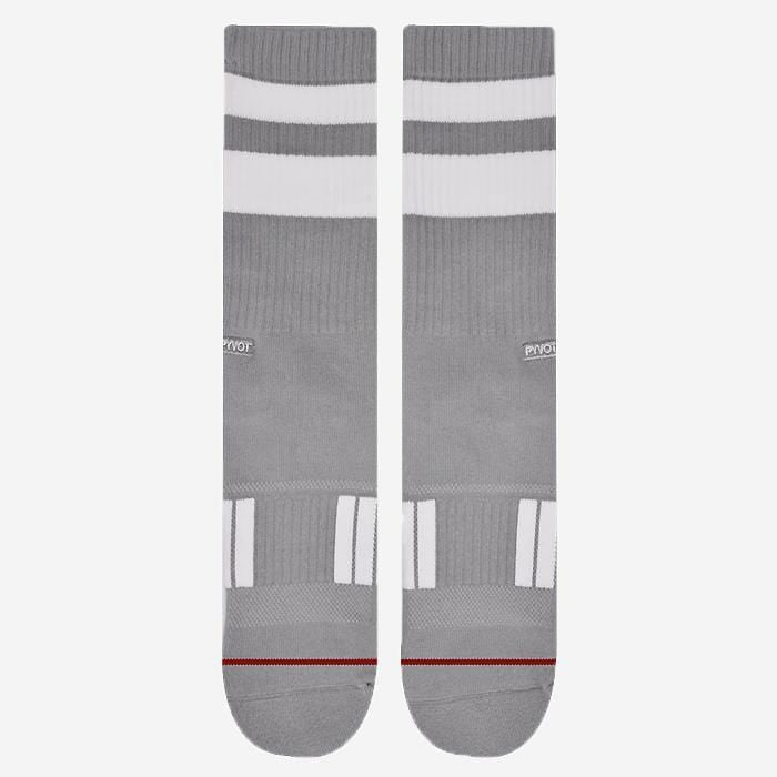grey, cool and fun thick stripe crew sock with combed cotton, moisture wicking and arch support