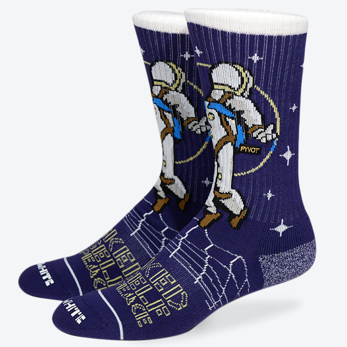 I asked my self for peace. Astronaut socks  with space man floating in space on a digital mountain. Blue space socks with white highlights and yellow lining. Perfect for all matters in deep space.