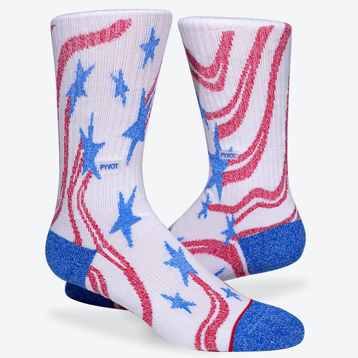 American flag socks with waving flag. Combed cotton blue, white, and red socks make for the perfect match to any patriotic outfit.