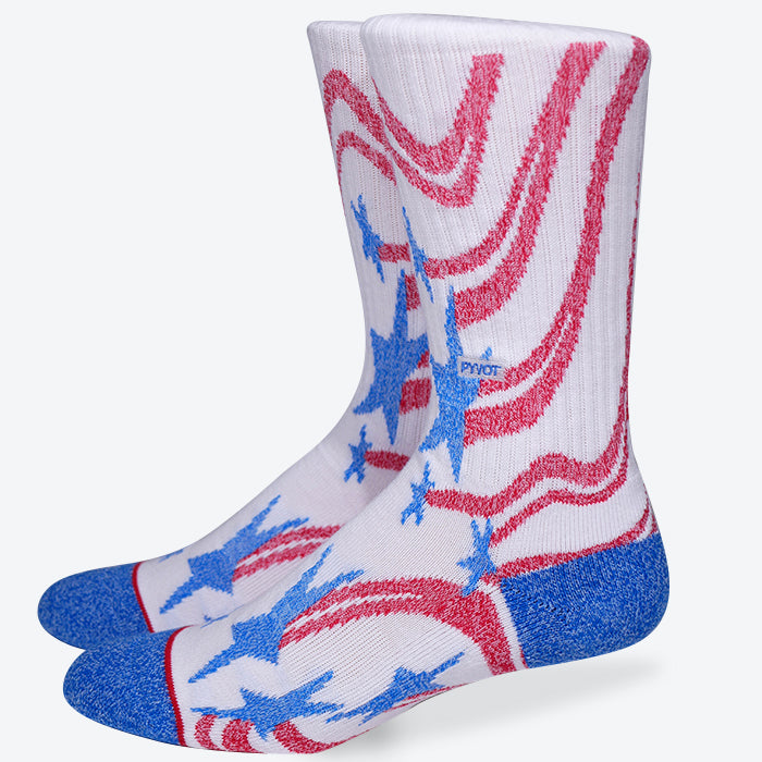 American flag cotton crew socks. Blue stars and red stripes create the perfect canvas for a waving American flag sock.  Perfect 4'th of july sock or any occasion to celebrate America! 