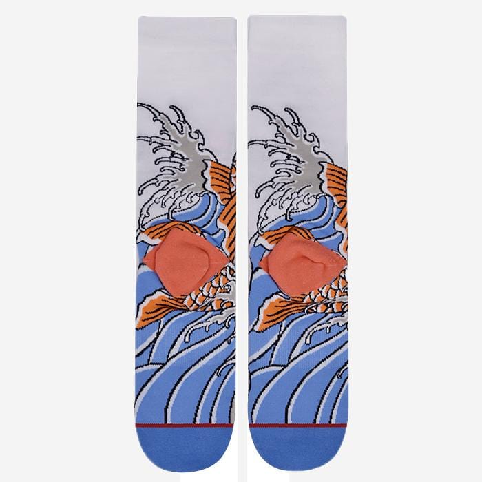 cool and fun white crew sock with koi fish includes combed cotton, moisture wicking and arch support