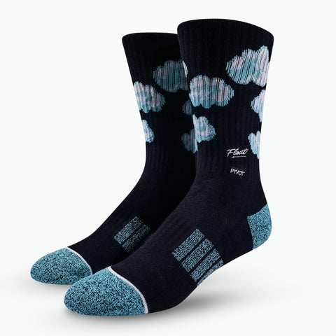 Cotton Cloud design athletic compression socks. Made with extra arch support, compression, anti-microbial yarns, air vents. Exclusive collaboration PYVOY X Float Life