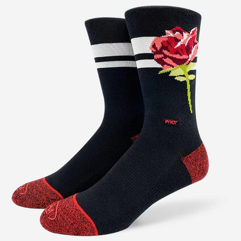 Crew socks with custom rose sock design on the side, and white stripes  inside the rose .