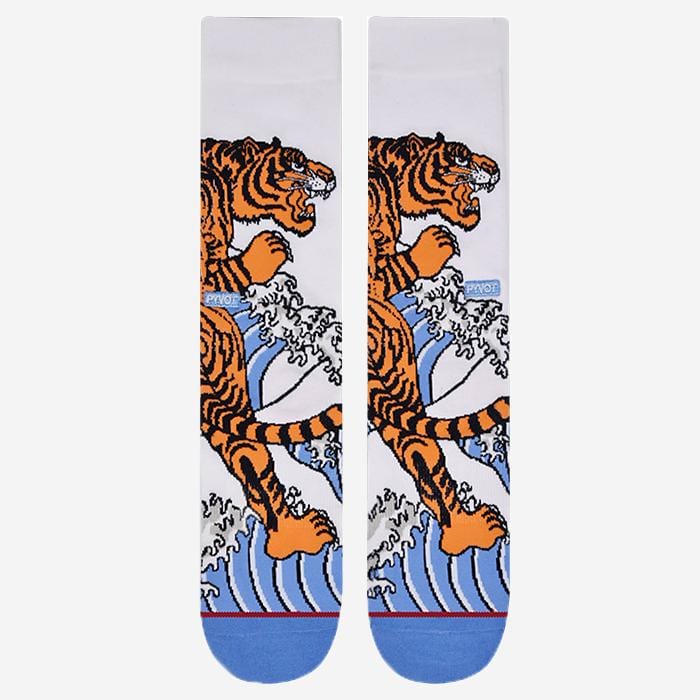PYVOT essential tiger pattern with premium 200n knit crew sock  with custom orange tiger art embroidery made with top quality ultra soft combed cotton and antimicrobial fibers. This sock is a colorful orange and blue, thin, and soft. 